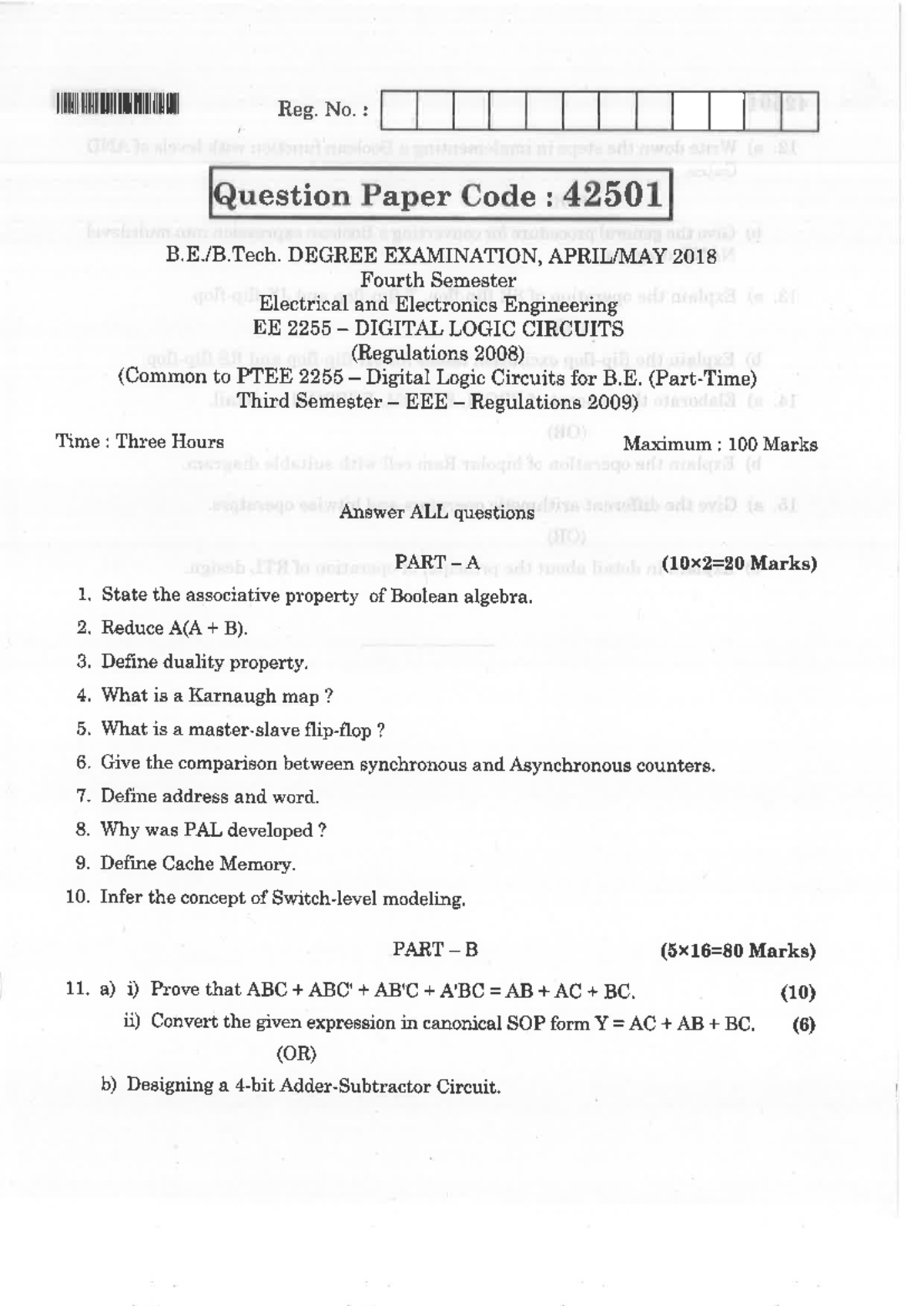 EE 2255 Digital Logic Circuits Question Paper - Final Exam 2018 - Studocu