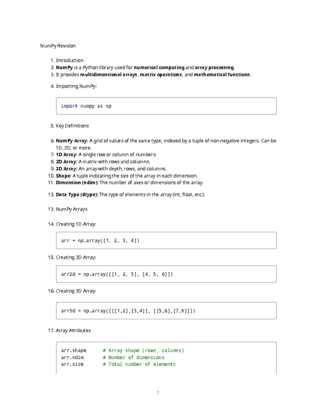 NumPy Revision Notes: Key Concepts and Array Operations - Studocu