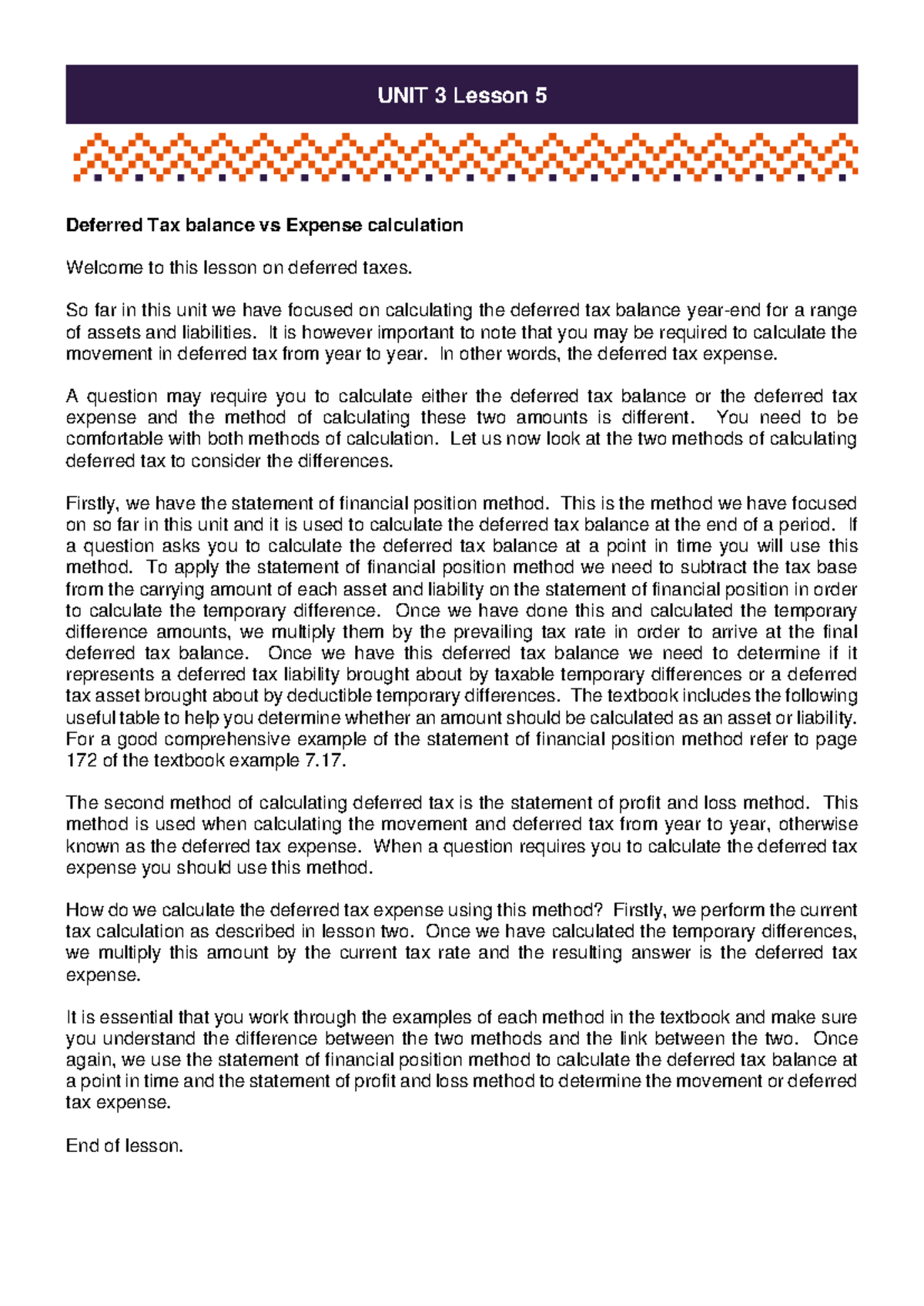 UNIT 3 Lesson 5 Deferred Tax Balance vs Expense Calculation - Studocu