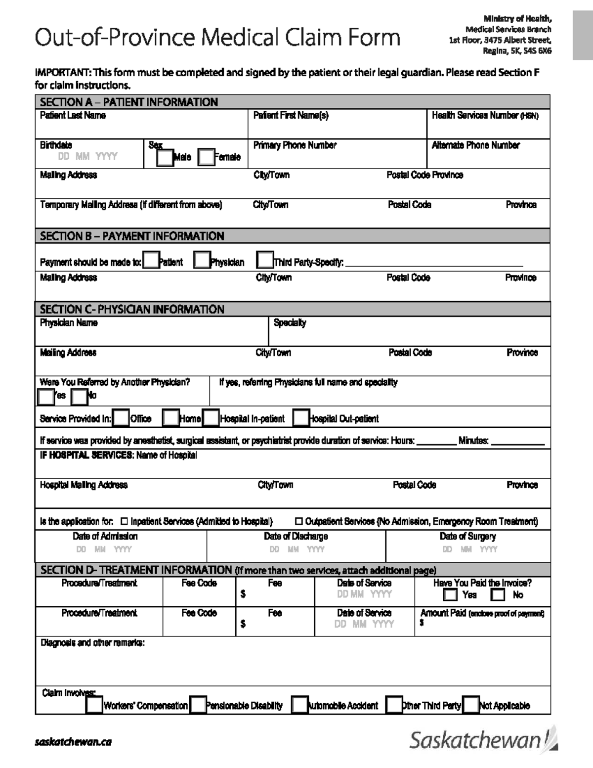 Med - Saskatchewan Medical Claim Form Instructions and Details - Studocu