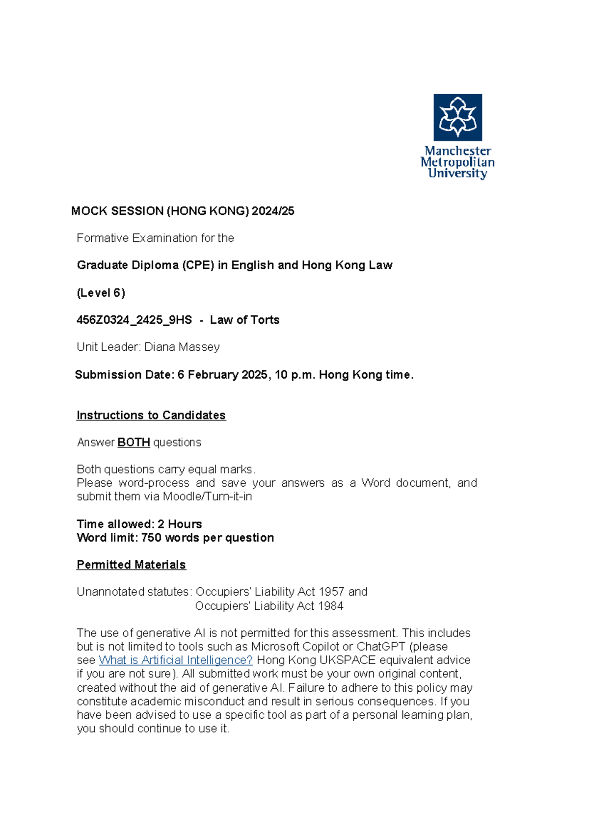 GDL HK 456Z0324 Law of Torts Mock Exam Preparation - Feb 2025 - Document Preview