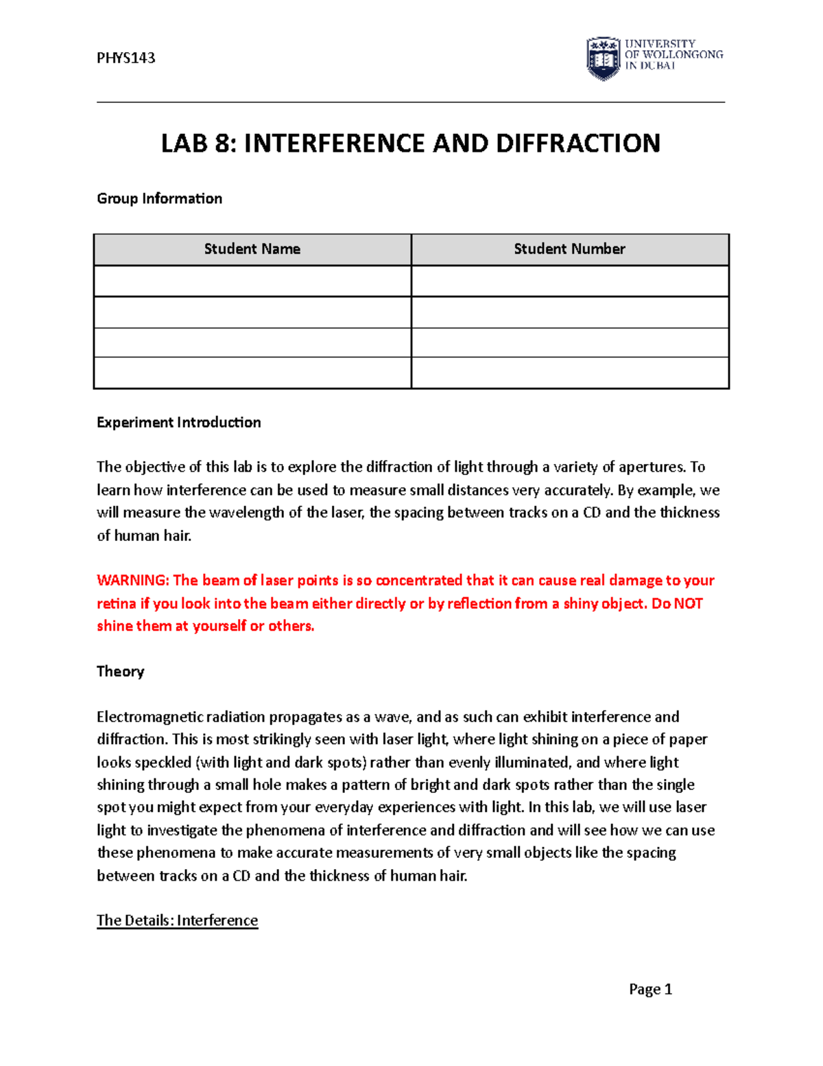 Lab 8 - Interference and Diffraction - - Studocu