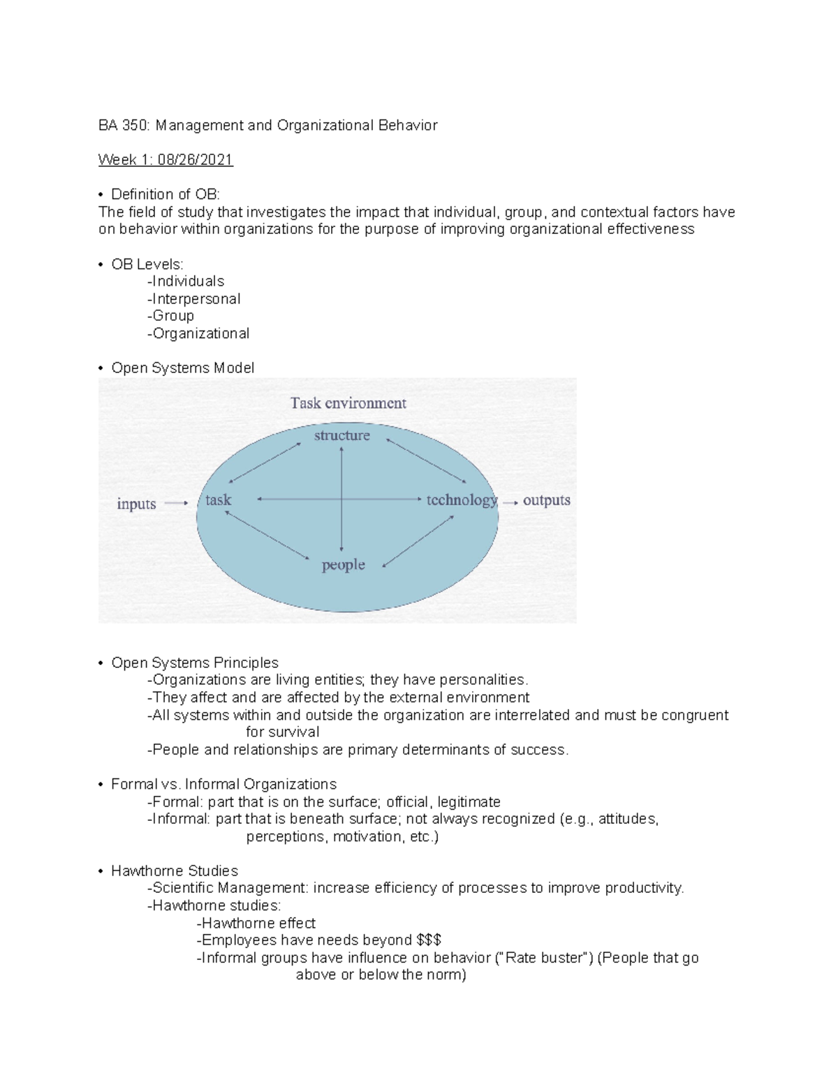 BA 350 Notes for exam 1 - BA 350: Management and Organizational ...