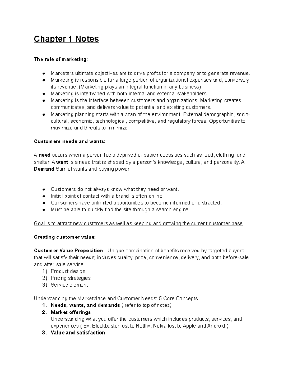 Marketing 101: Chapter 1 Study Notes on Core Concepts and Value - Studocu