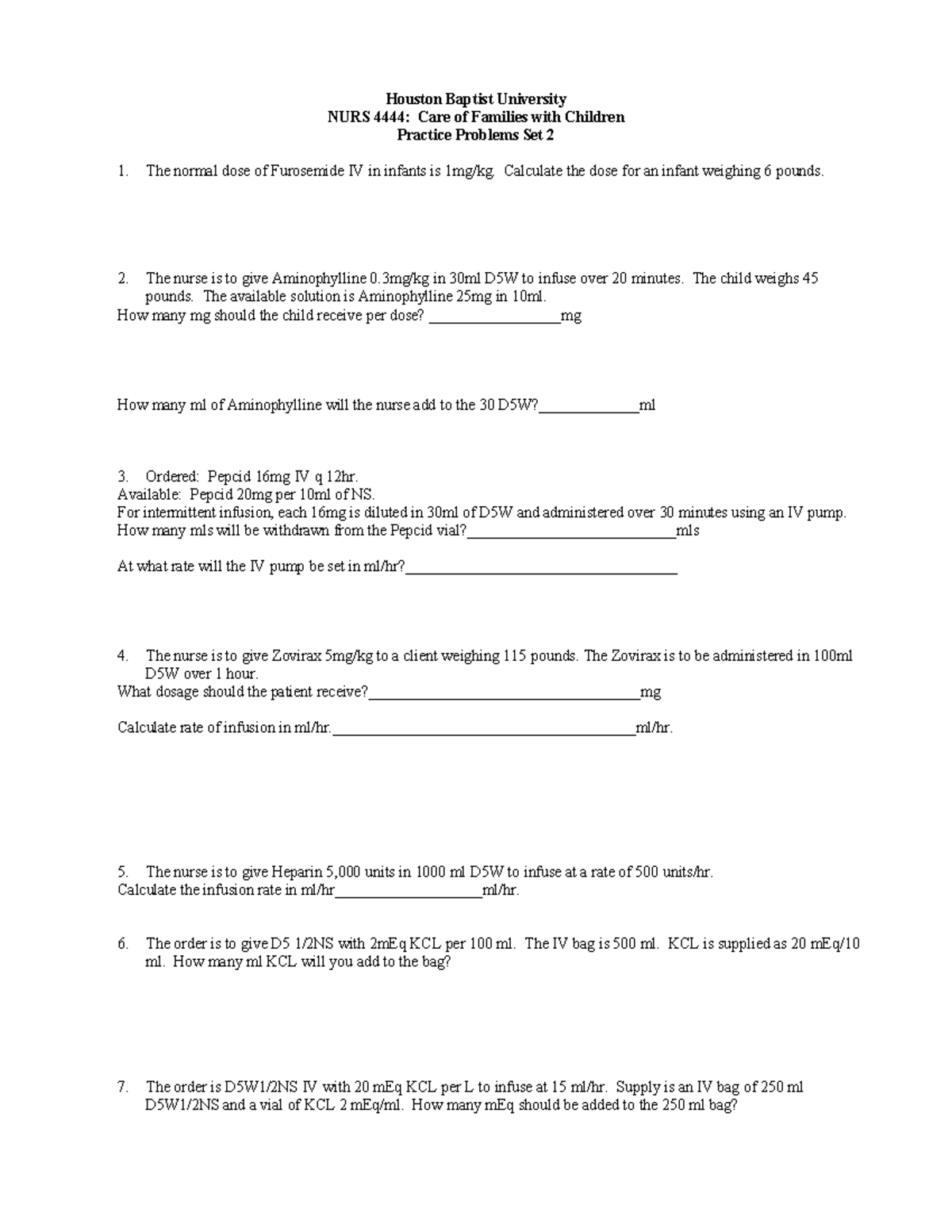 OB Math Practice Problems - Houston Baptist University NURS 4444: Care ...