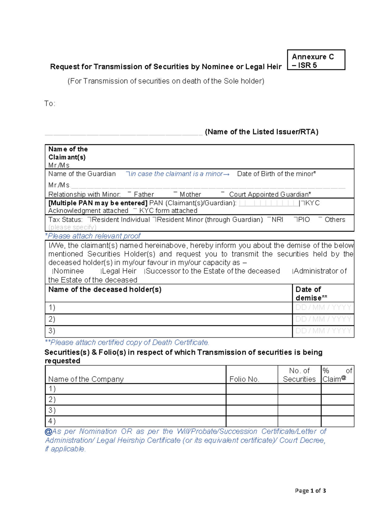 Request for Transmission of Securities - Annexure C (SEBI) - Studocu