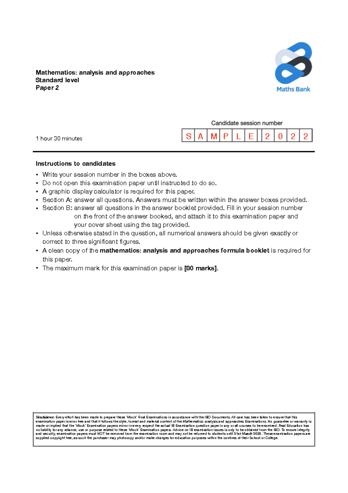 2022 IB AA SL Sample Paper 2 - Mathematics: analysis and approaches ...