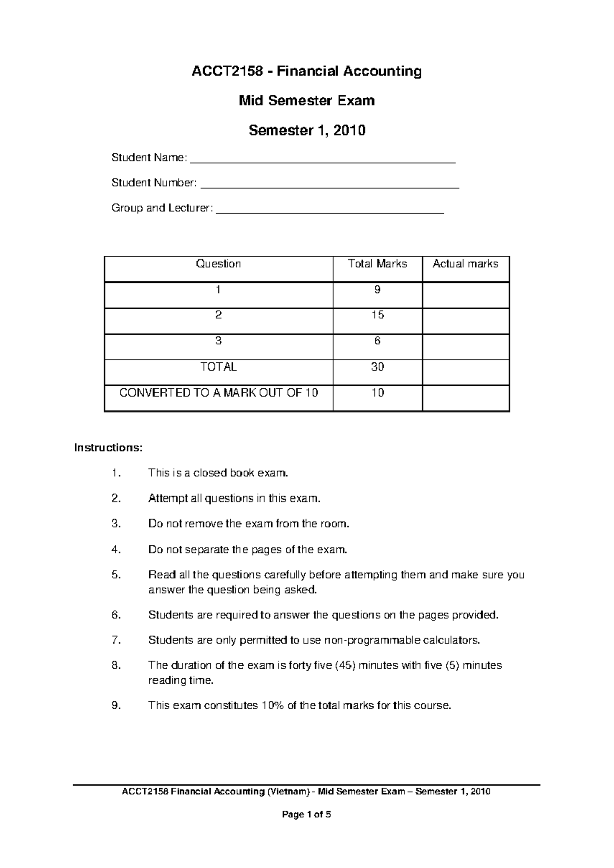 Exam 9 March 2010, Questions And Answers - ACCT2 158 Financial ...