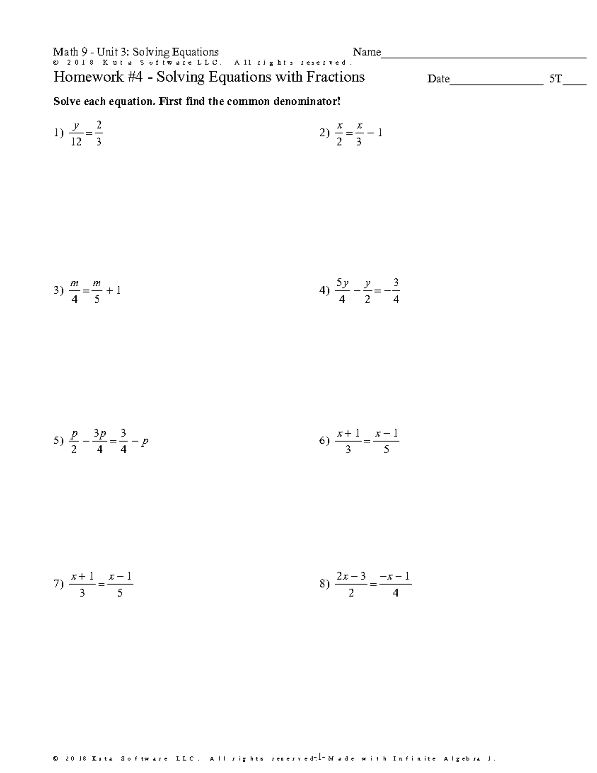 Infinite Algebra 1 - Homework #4 - Solving Equations with Fractions ...