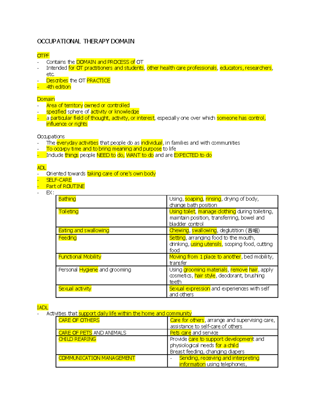 OT101 Final Exam Review: Understanding the OTPF Domain and Process ...