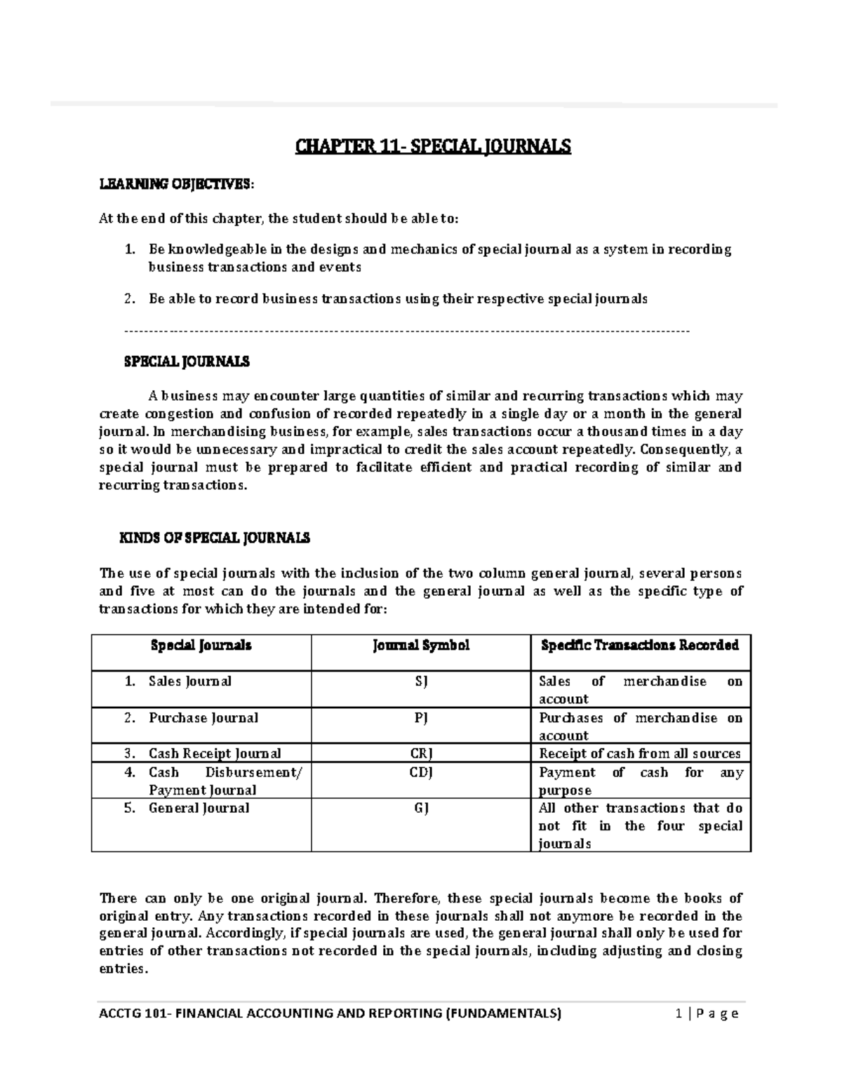 ACCTG 101: Chapter 11 - Special Journals Overview and Mechanics - Studocu