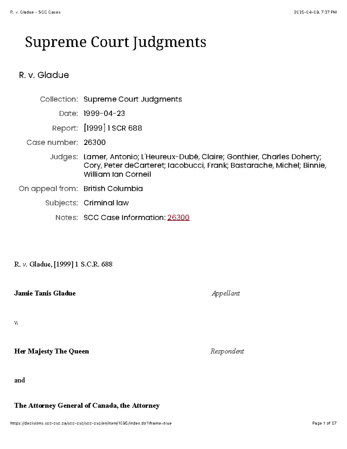 R. v. Gladue: SCC Case Analysis & Criminal Sentencing Insights - Studocu