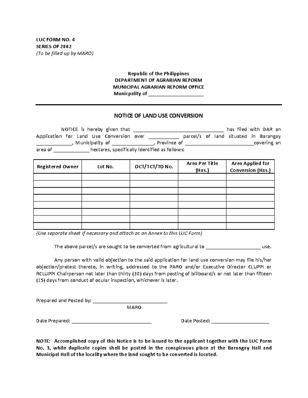 LUC Form No. 4 - Notice of Land Use Conversion (DAR) - Studocu