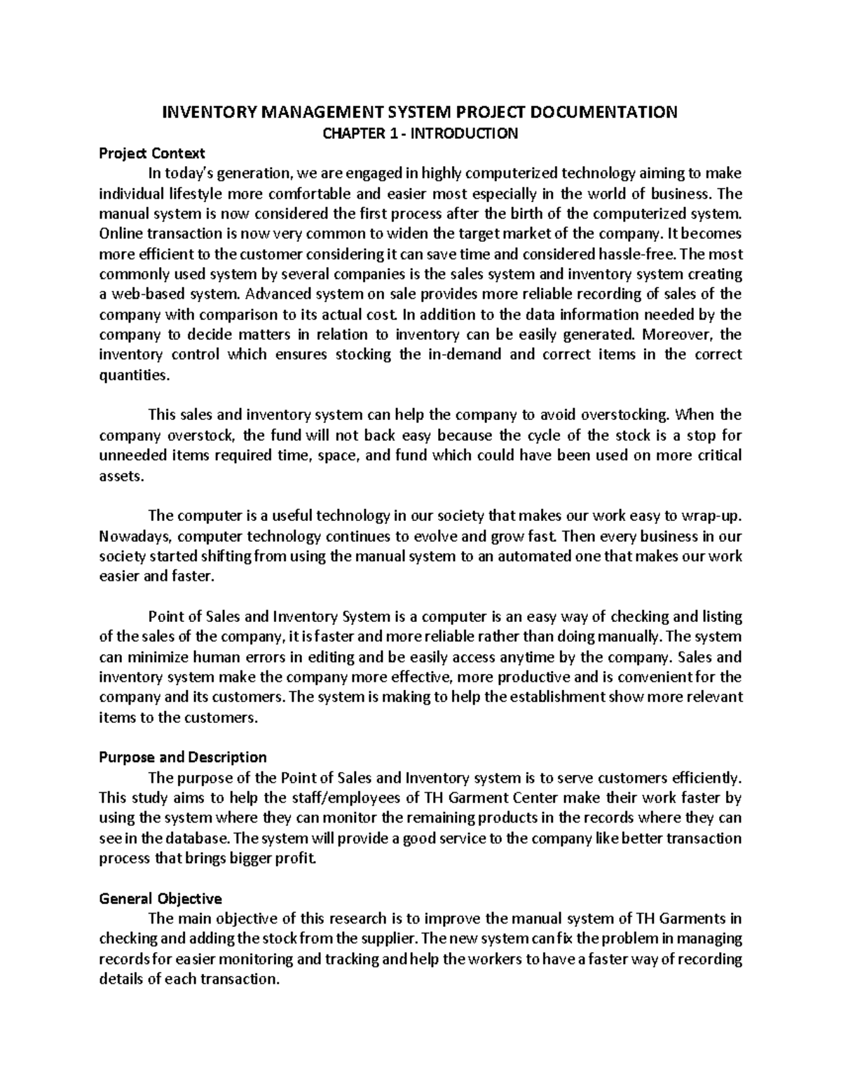 TH Garments Sales and Inventory System Project Documentation - Studocu