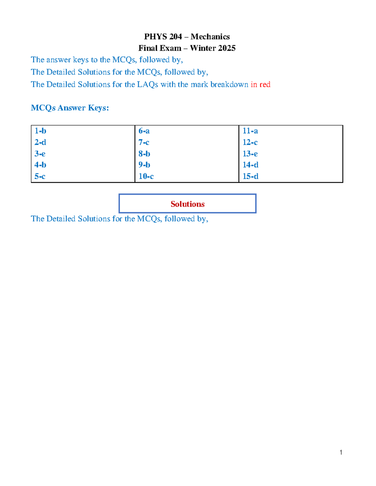 PHYS 204 Mechanics Final Exam Winter 2025 - Solutions & Answer Keys ...