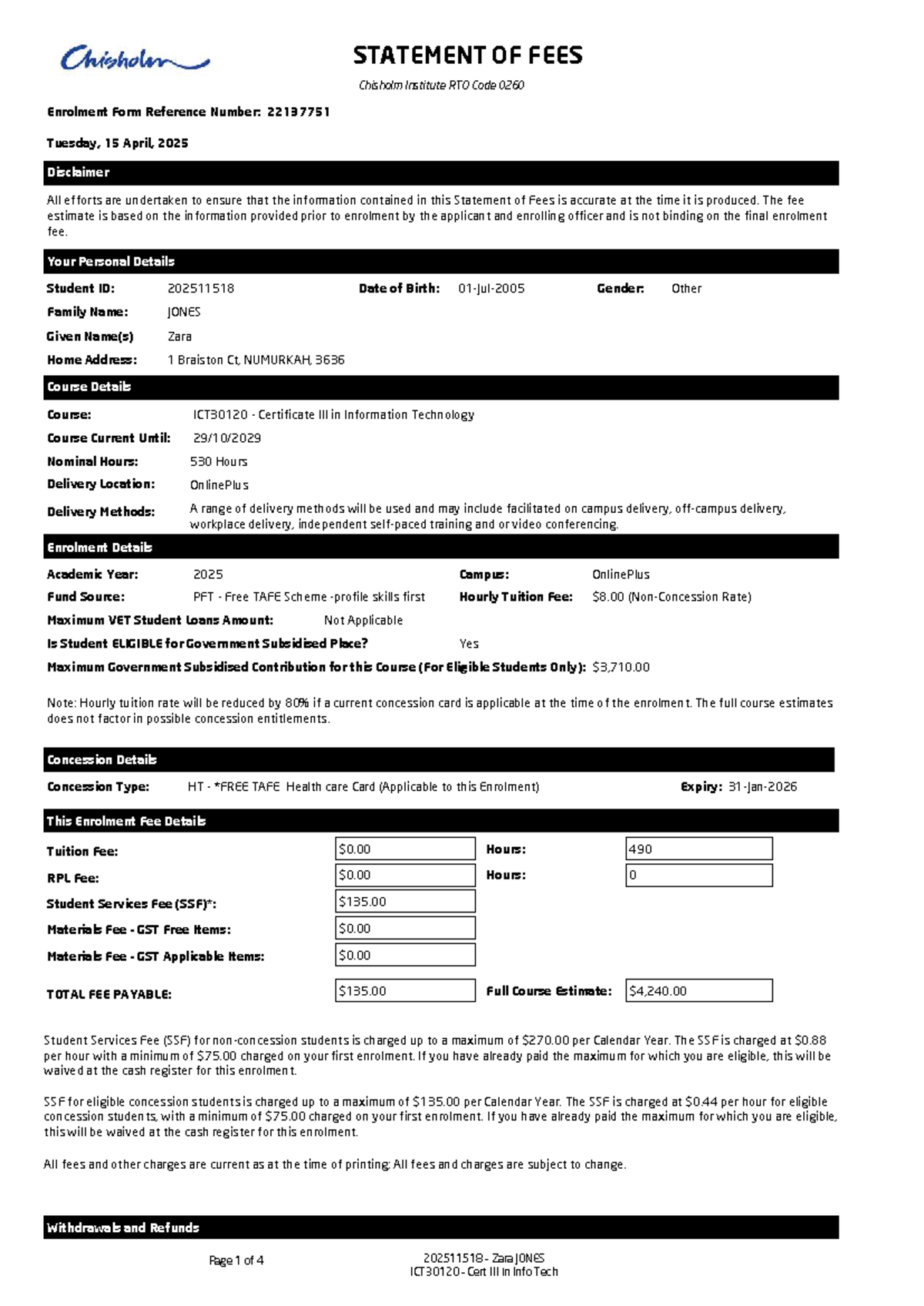 STATEMENT OF FEES for ICT30120 Cert in Info Tech - Chisholm Institute ...