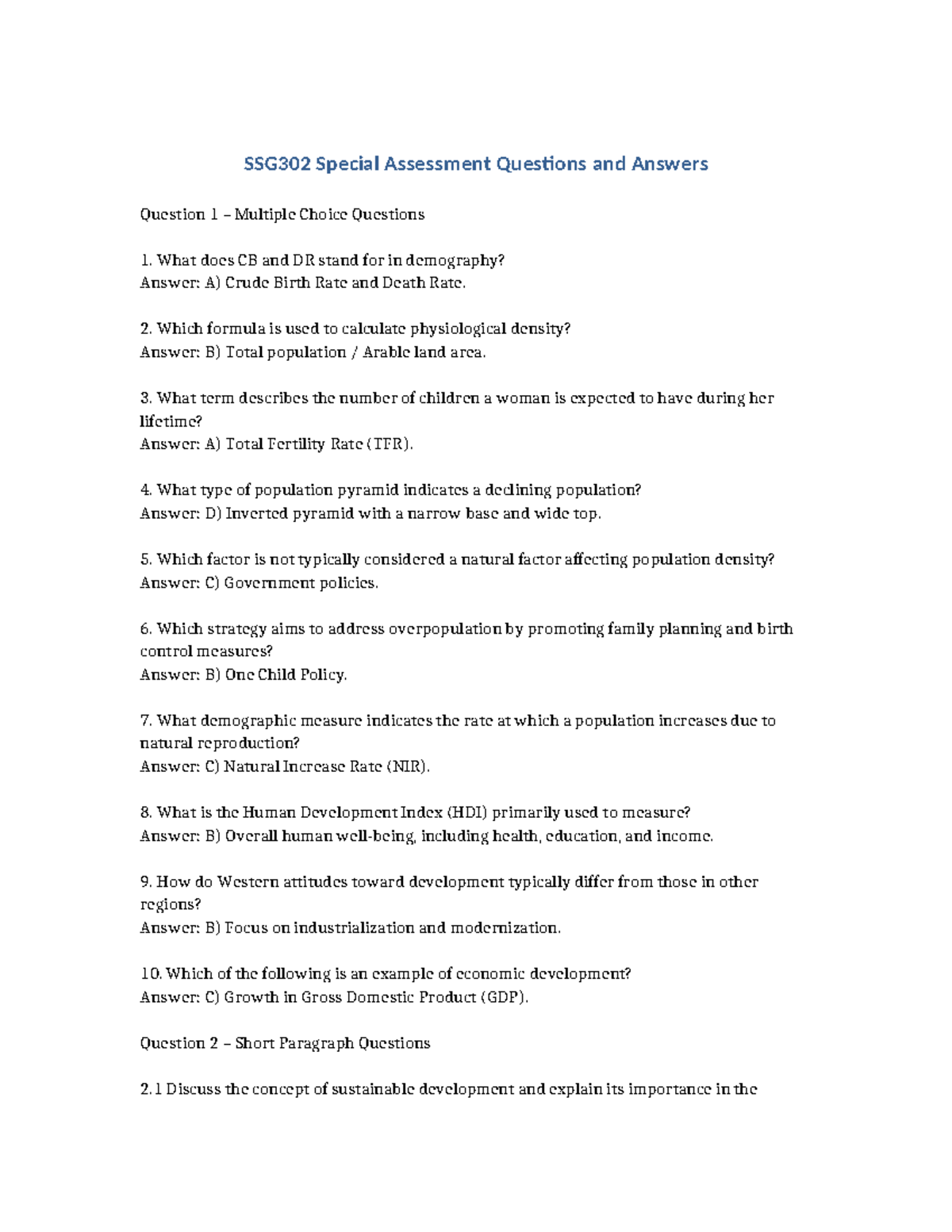 SSG302 Special Assessment Q&A: Demography & Sustainable Development ...