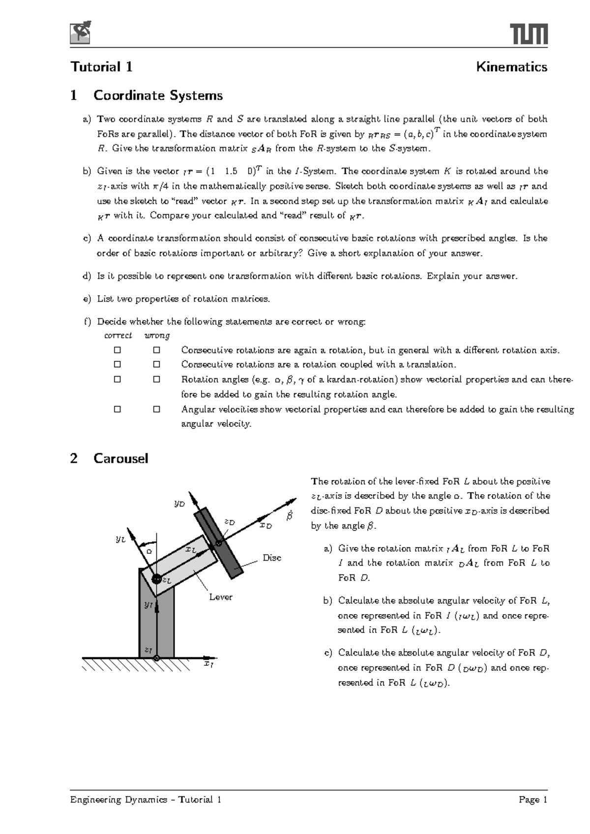 Engineering Dynamics Tutorial 1: Kinematics & Coordinate Systems - Studocu