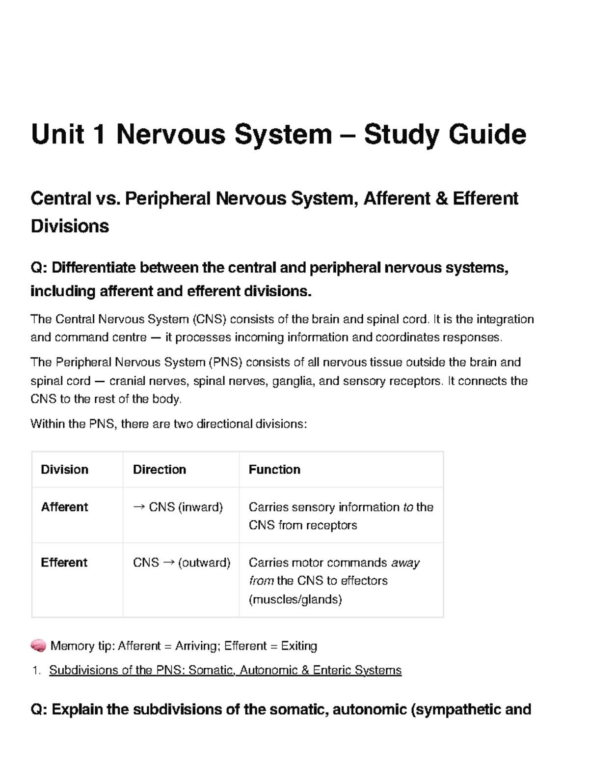 Unit 1 Nervous System Study Guide: CNS, PNS, and Neuron Functions - Studocu