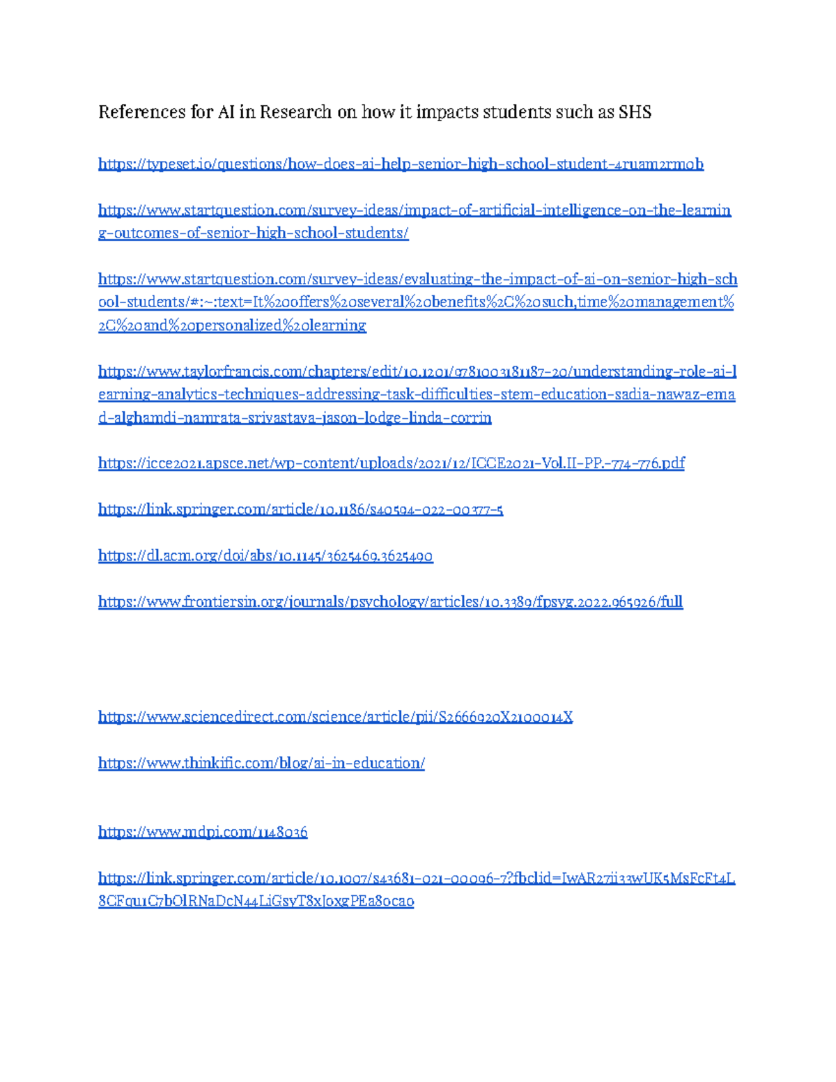 References for Ai research about the effects towards shs students ...
