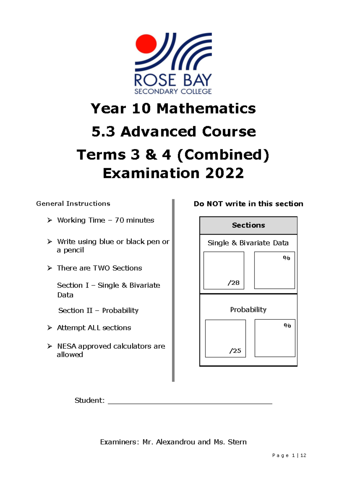2022 RBSC Year 10 Mathematics 5.3 Term 3 & 4 Combined Exam - Studocu