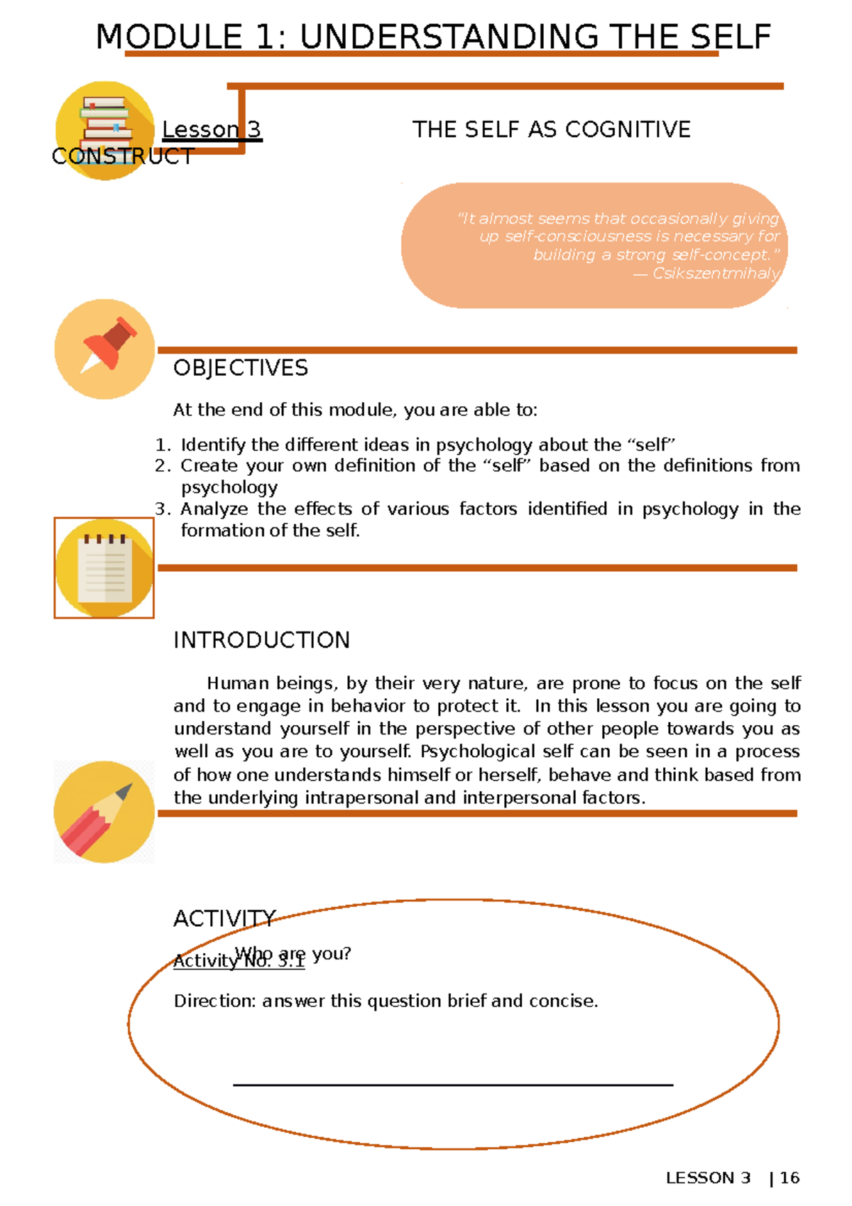 Lesson 3: The Self as Cognitive Construct (Psychology Module) - Studocu