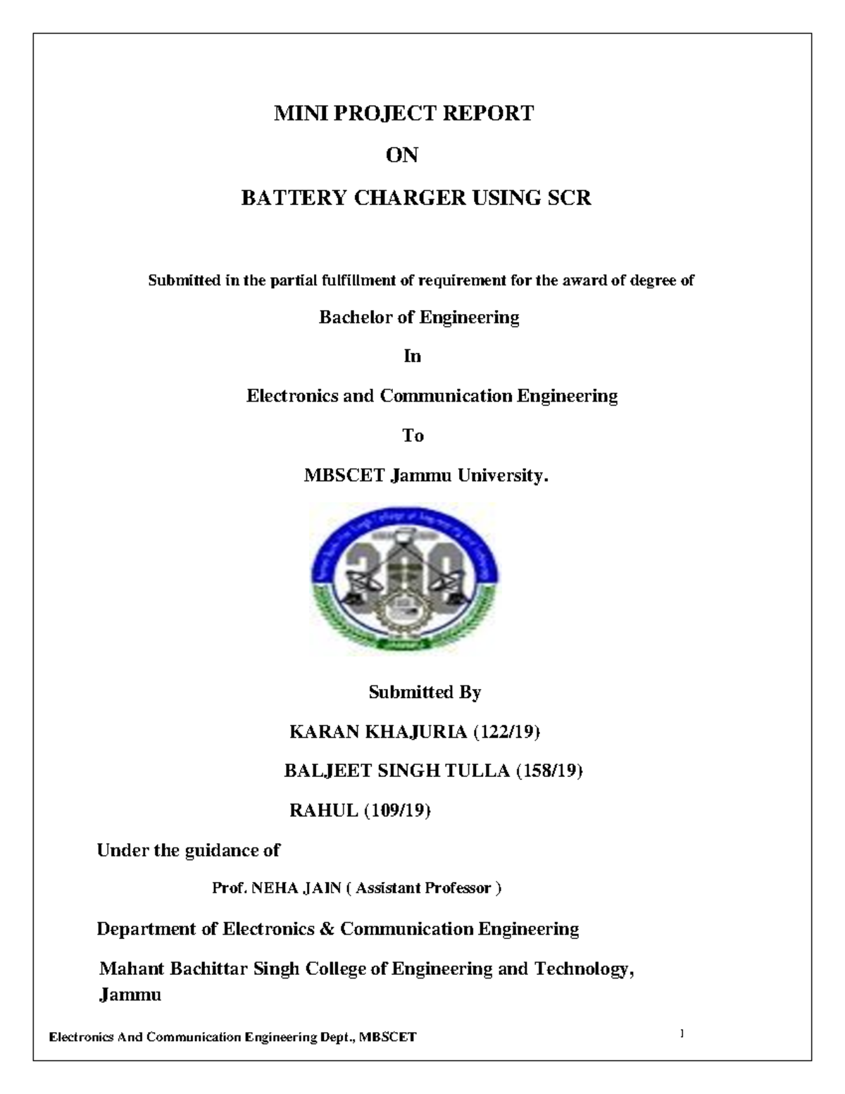 Battery Charger Using SCR: Mini Project Report (B.E. E&C) - Studocu