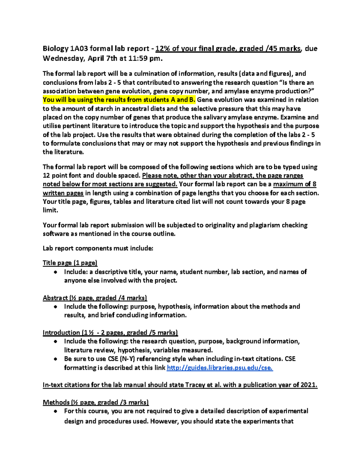 Bio1A03 W2021 Formal Lab Report on Gene Evolution and Amylase Enzyme ...