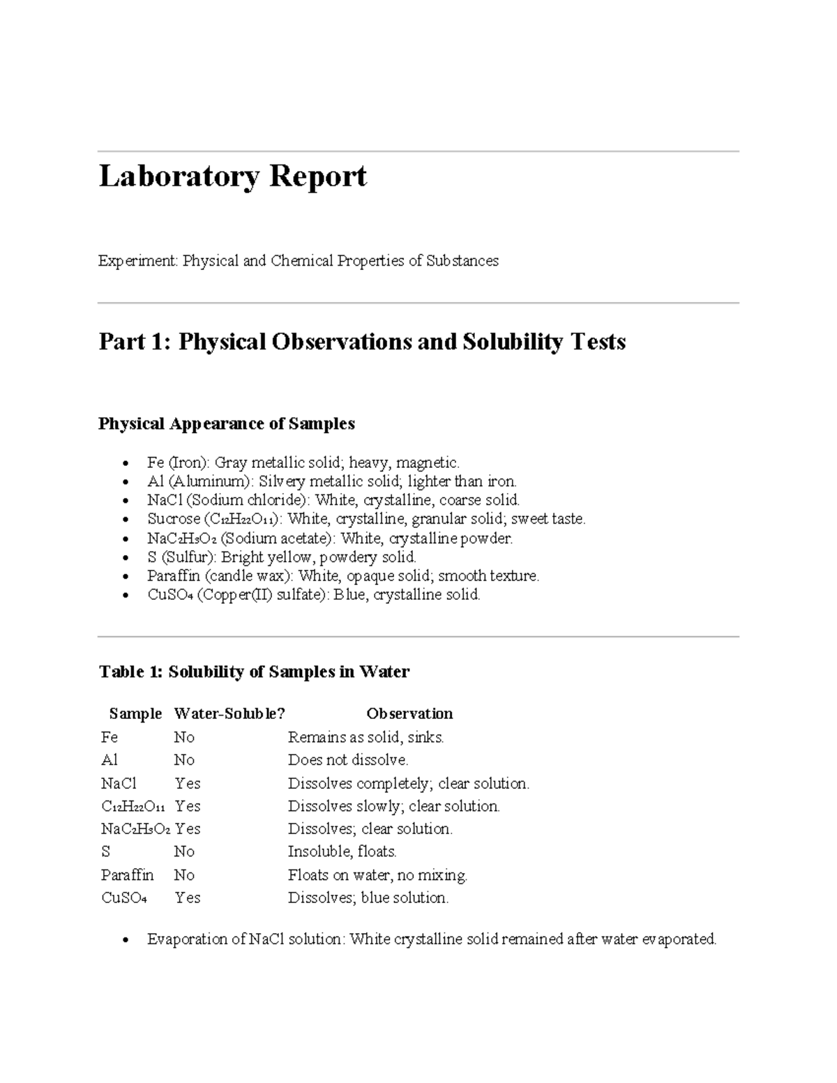 Laboratory Report: Physical & Chemical Properties of Substances (CHEM ...