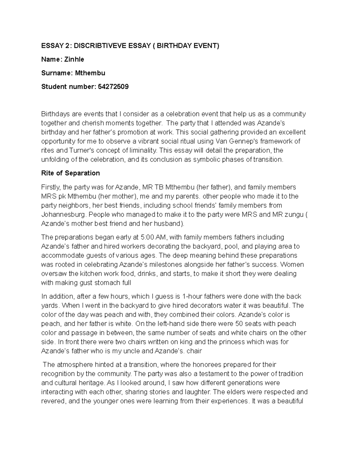 Celebrating Transitions: Descriptive Essay on Birthday Event (ESSAY 2 ...