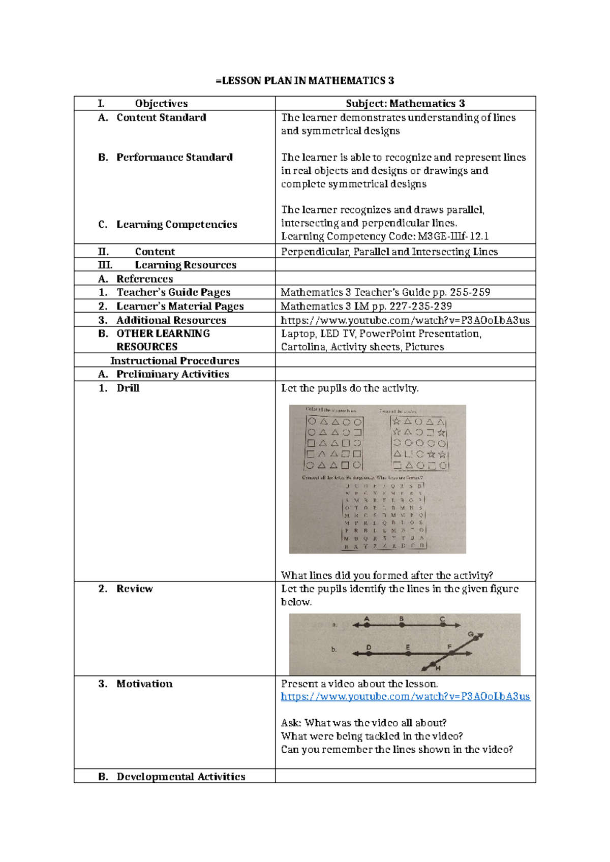 Mathematics 3 Lesson Plan: Understanding Lines & Symmetry - Studocu