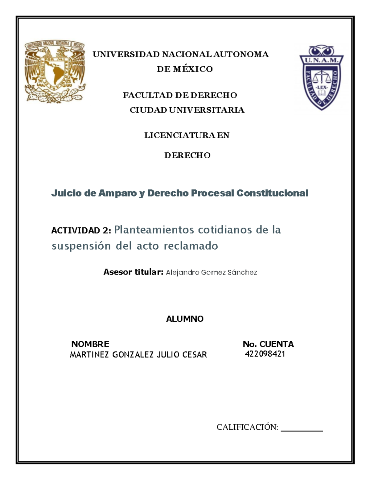 Juicio de Amparo y Derecho Procesal Constitucional - Actividad 2 ...