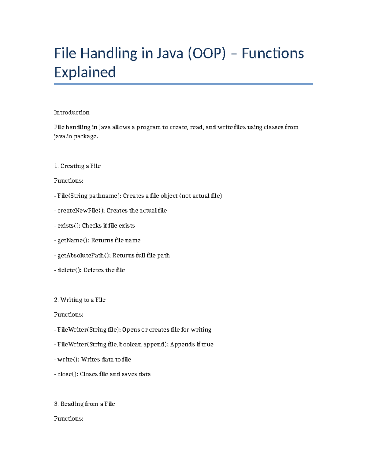 Java File Handling (OOP) Functions Explained - Overview - Studocu