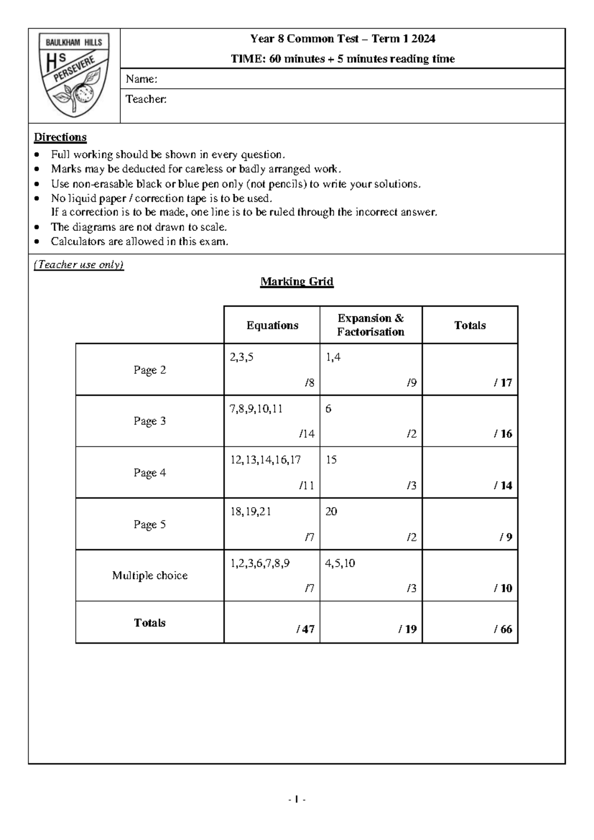 Y8 T1 2024 - Common Test Mathematics Exam - Studocu