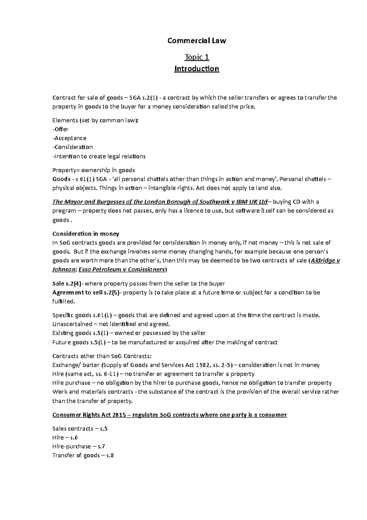 Commercial Law Revision Notes (LGST 101) on Sale of Goods Act - Studocu