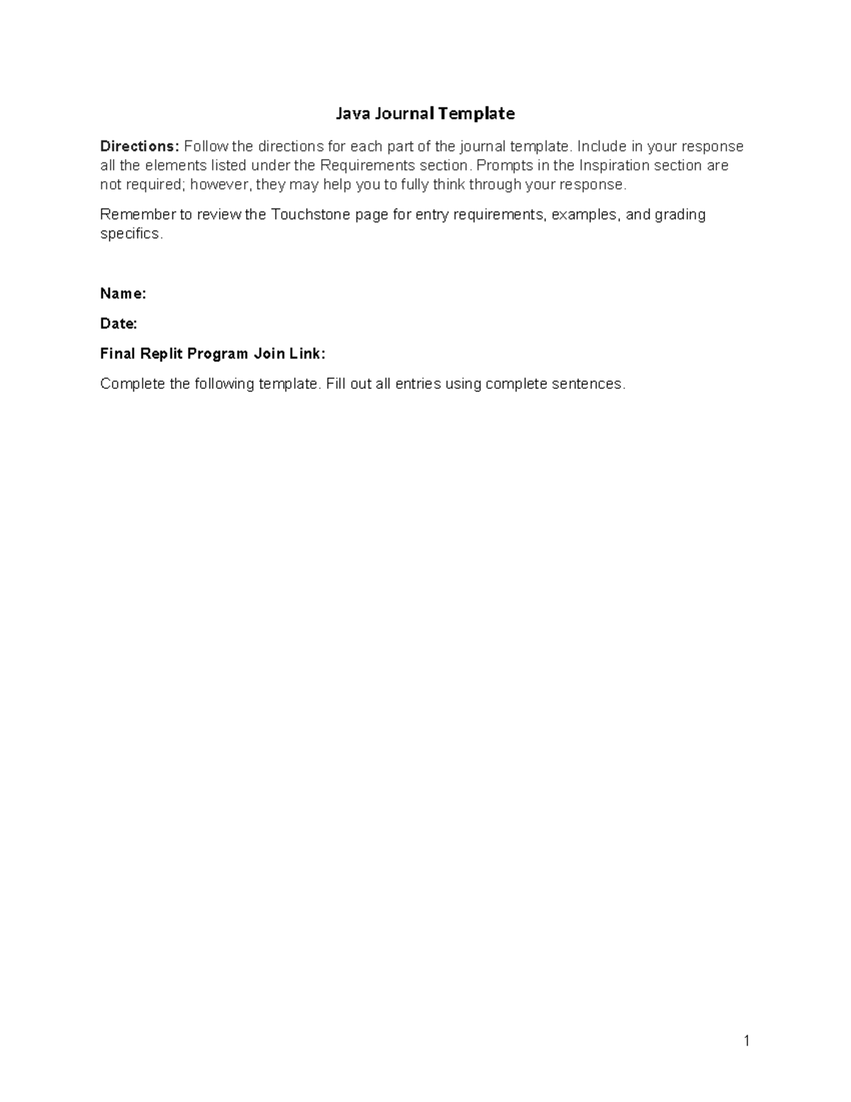 Touchstone JAVA Journal Template: Structured Guidance for Program ...