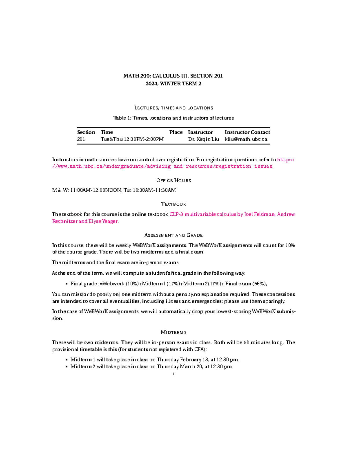 MATH 200 Winter 2024 Syllabus: Calculus III, Section 201 Details - Studocu