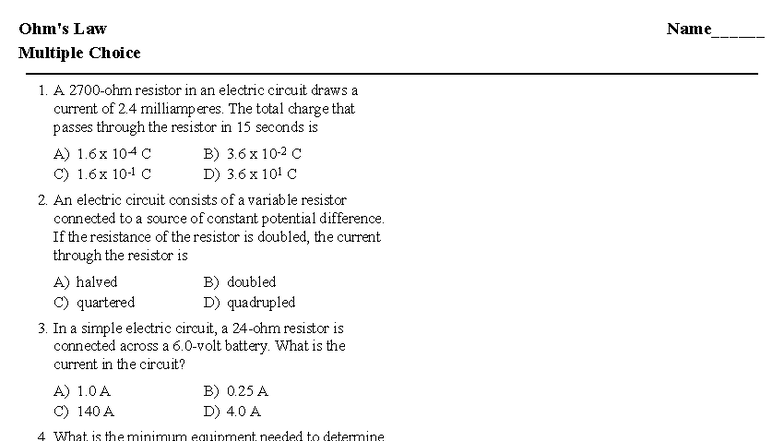 Ohm's Law MCQ Review - PHYS 101 - Studocu