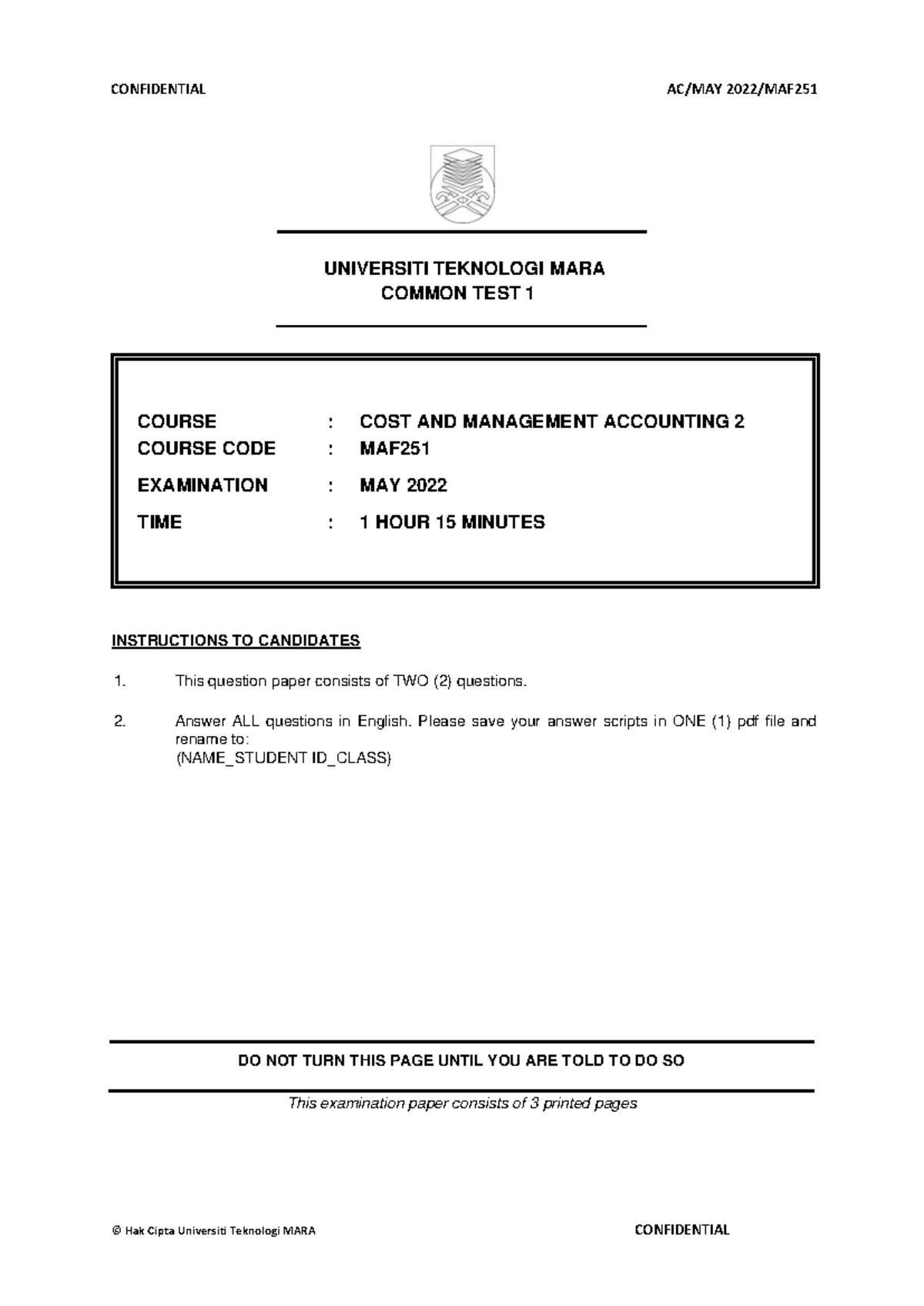 Final Exam MAF251 Cost and Management Accounting July 2022 Questions ...