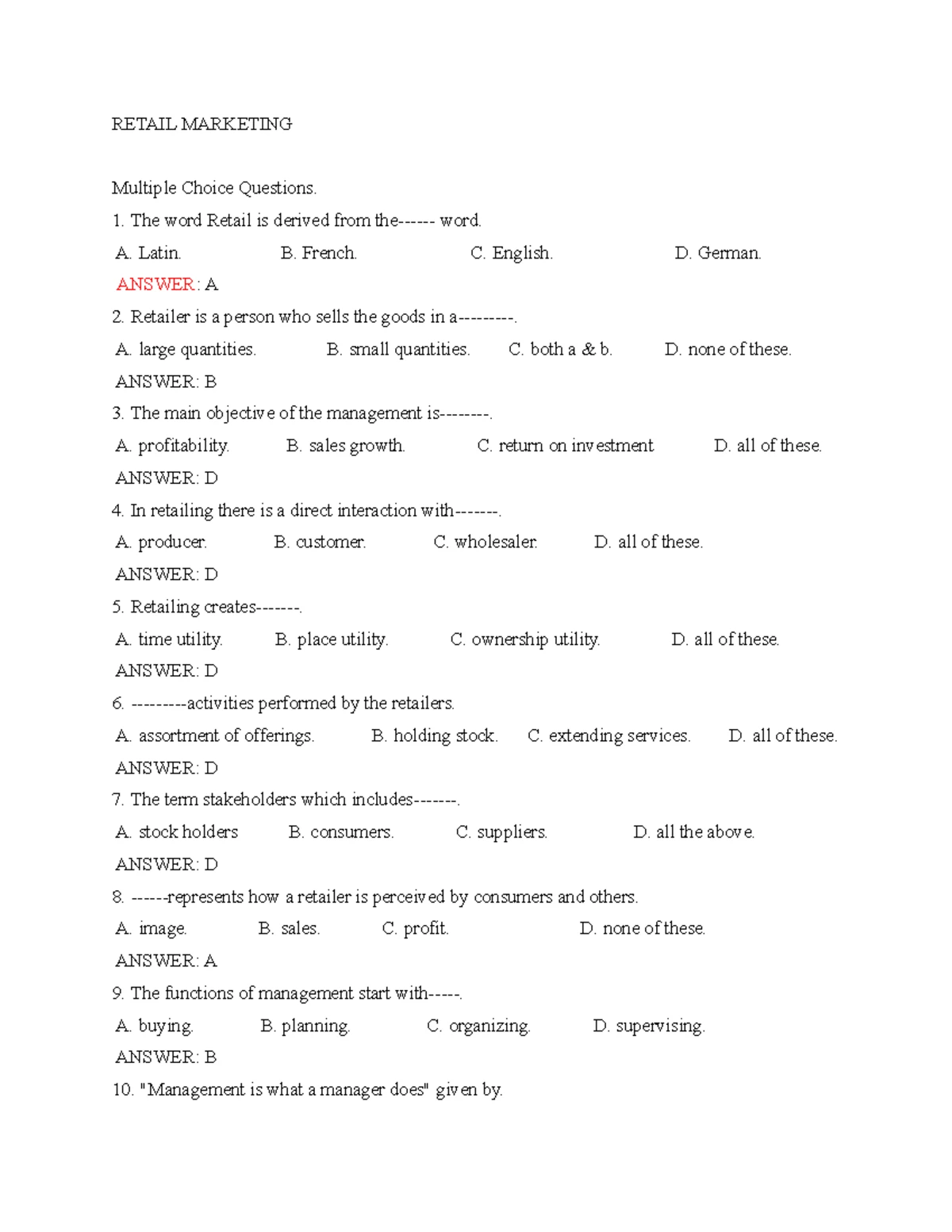 Retail Management MCQ Questions and Answers Part – 1 - SAR Publisher ...