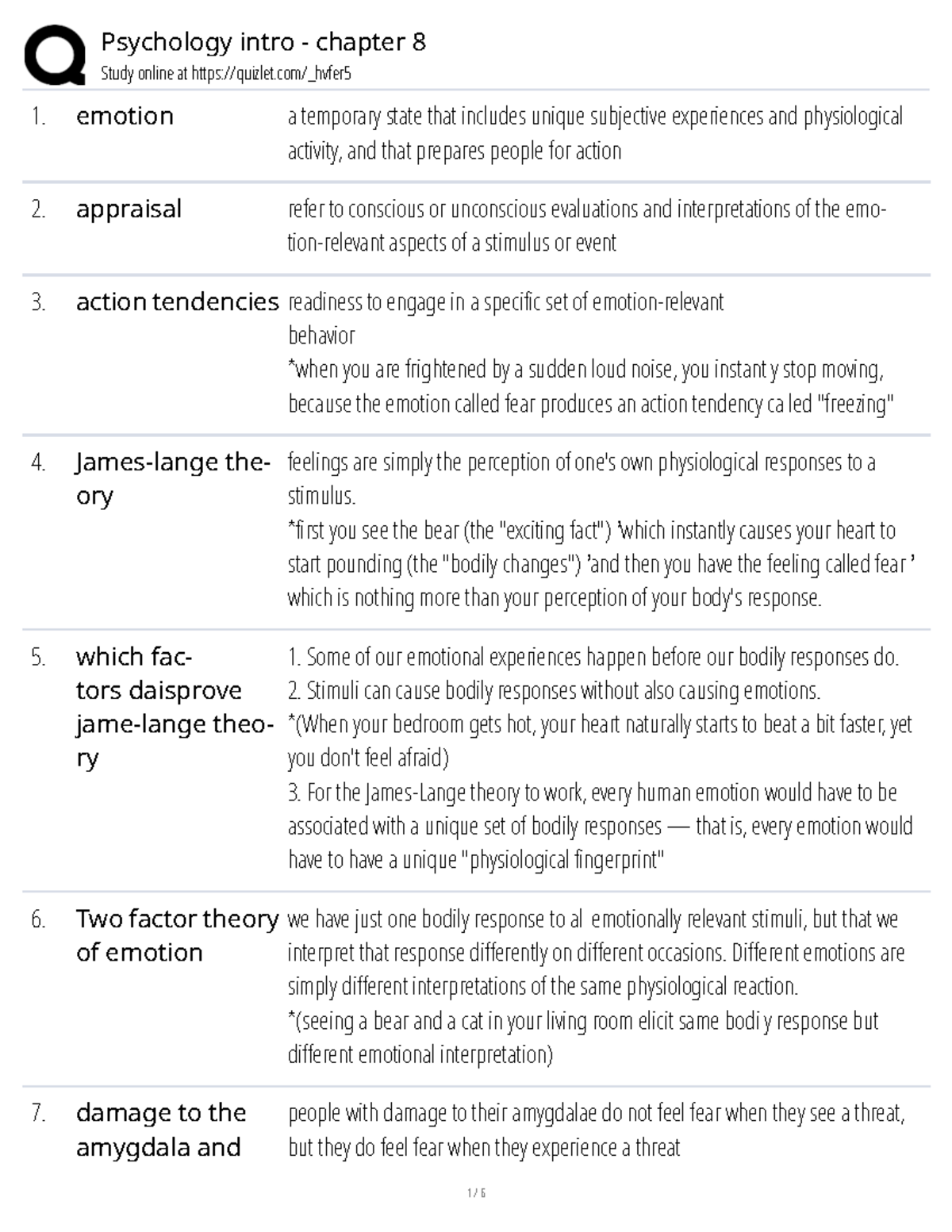 Psychology Intro (PSY101) Chapter 8 - Emotion and Motivation Notes ...