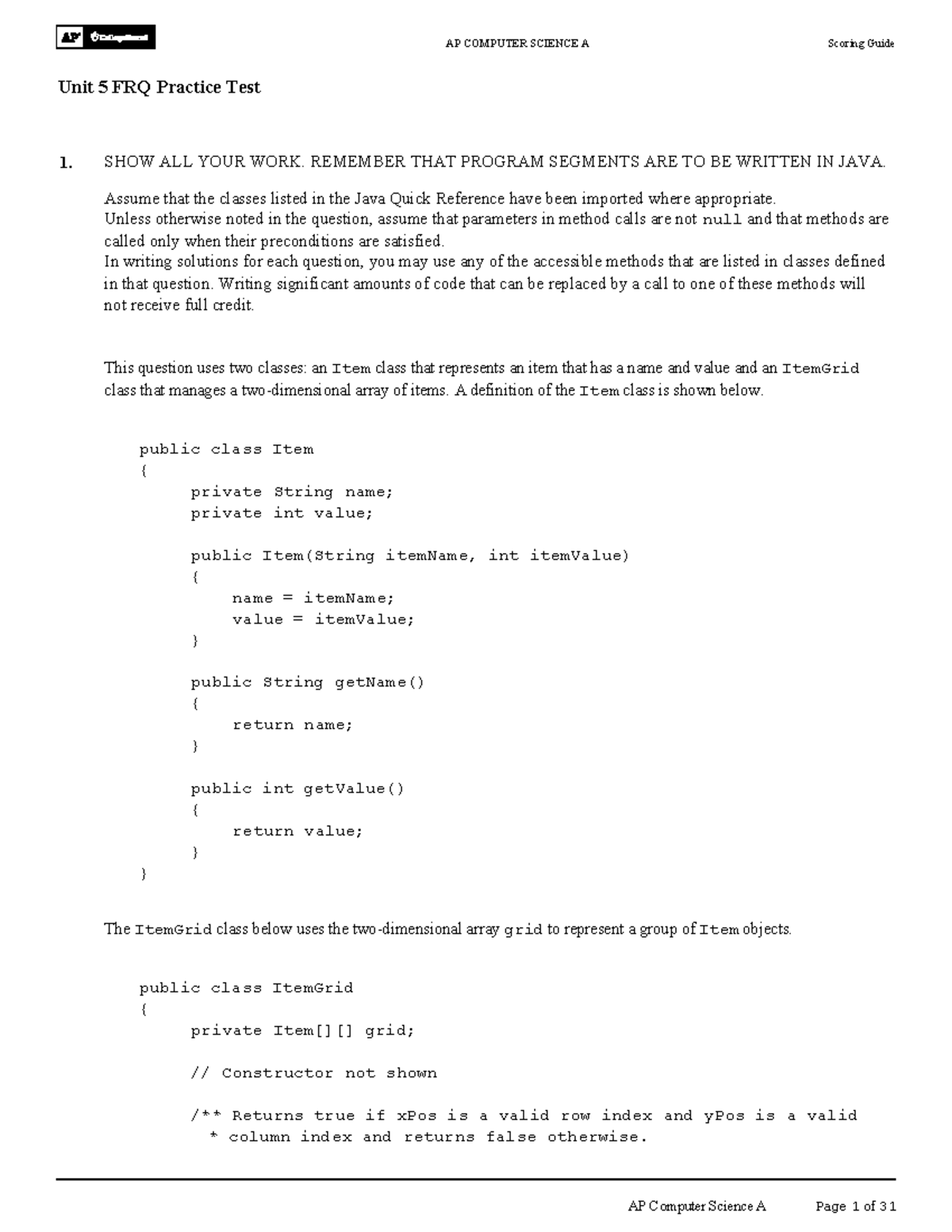 AP COMPUTER SCIENCE A Unit 5 FRQ Practice Test Answer Key - Studocu