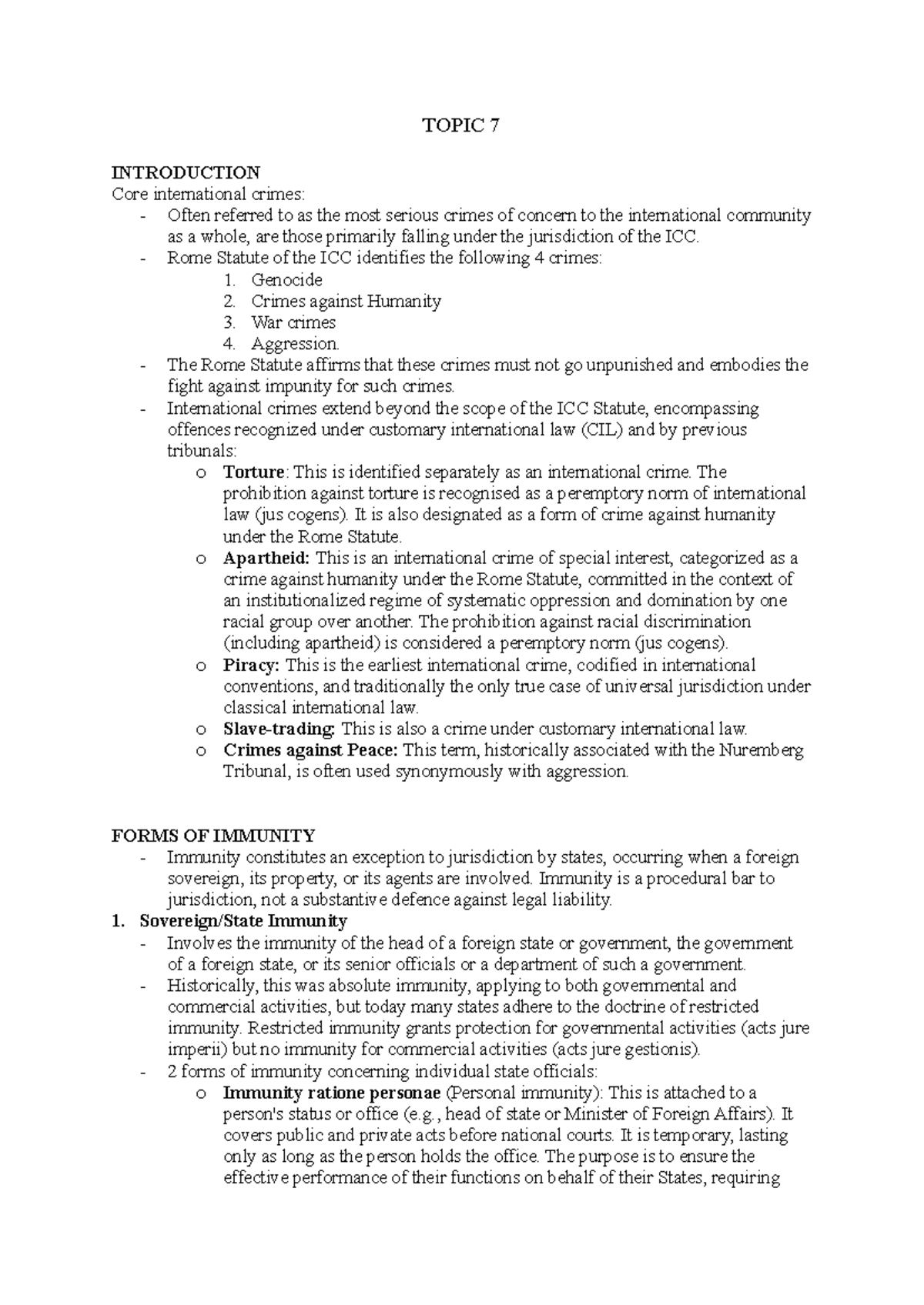 Topic 7 (PIL) - Core International Crimes and Immunity Analysis - Studocu