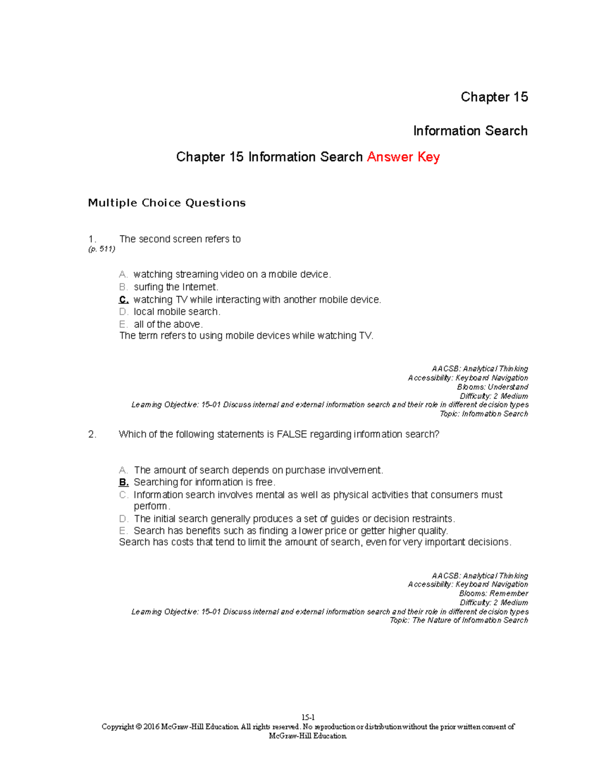 TBChap 015 - Consumer Behaviour - Testbank CH 15 - Info Search ...