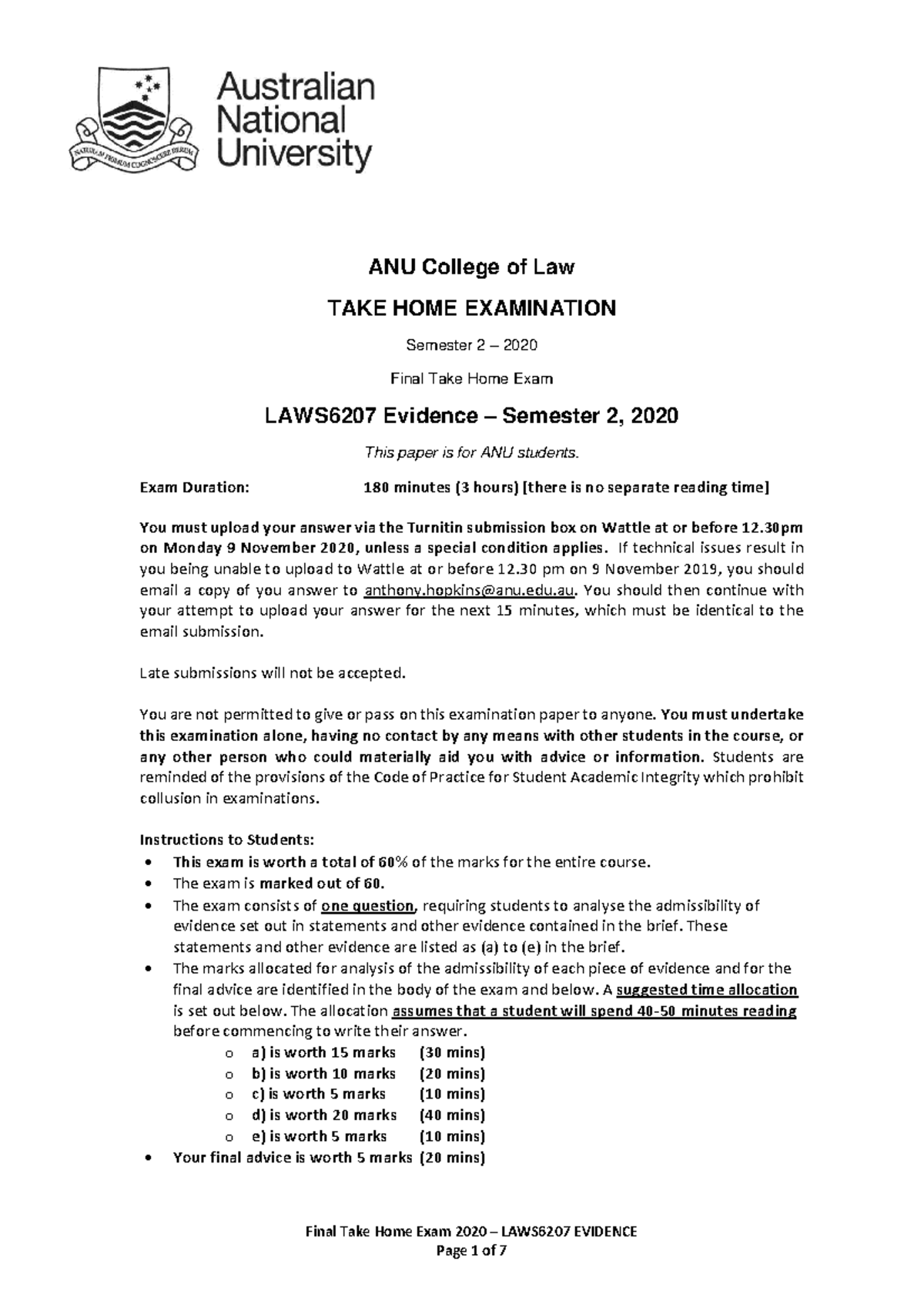 LAWS6207 Finaltakehome 2020Final 251020 - Final Take Home Exam 2020 ...