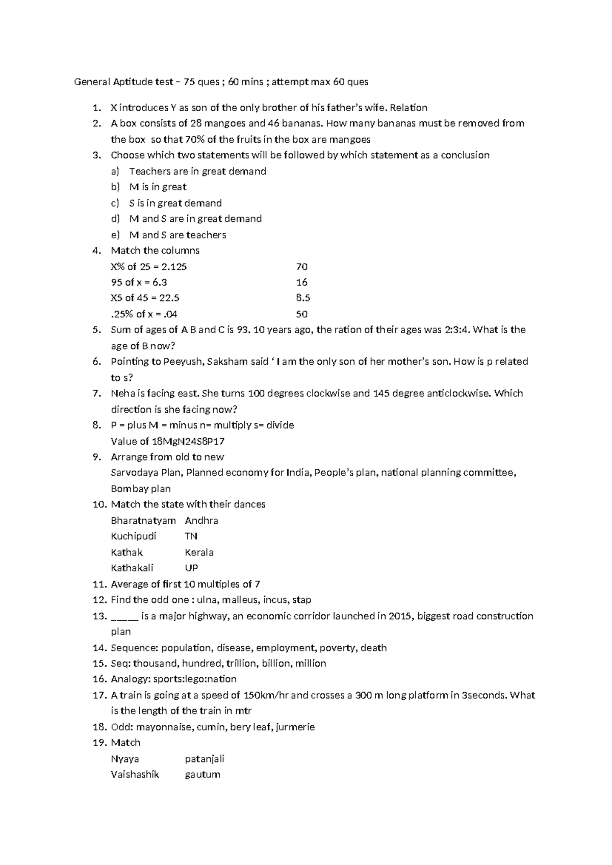 General Aptitude Test (613705610): 75 Questions in 60 Minutes - Studocu