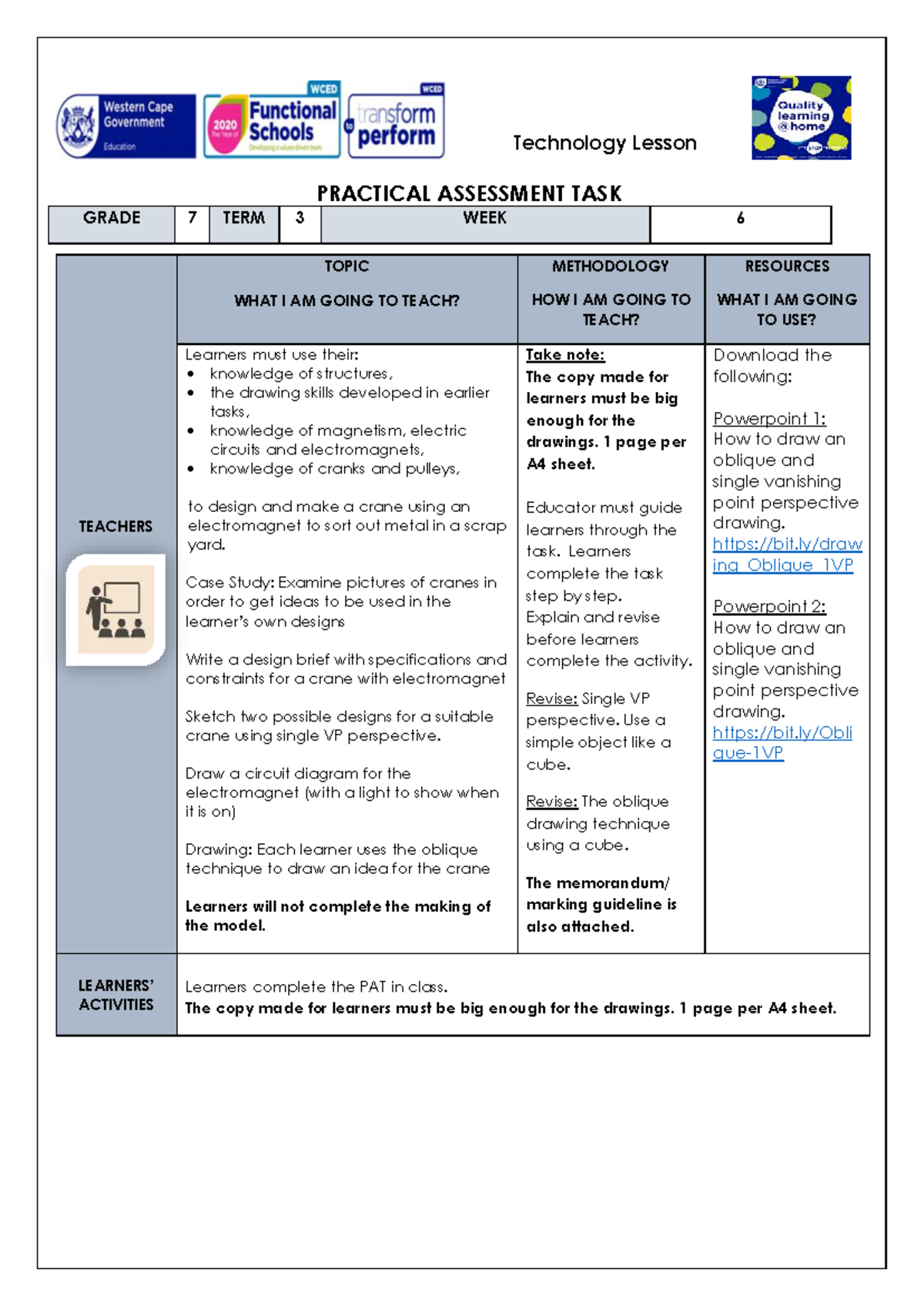 Technology Lesson Plan: Grade 7 PAT on Crane Design (T3 W6) - Studocu