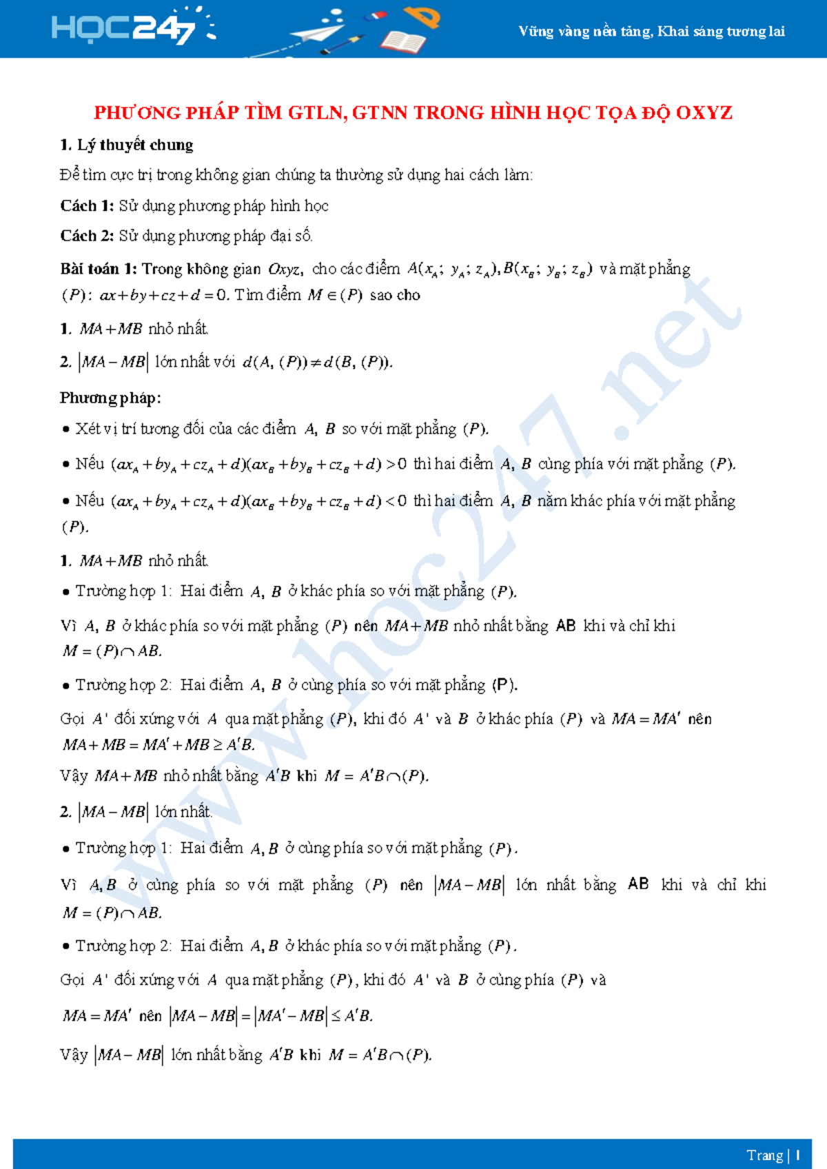 Phương pháp tìm GTLN và GTNN trong hình học Oxyz (MATH101) - Studocu