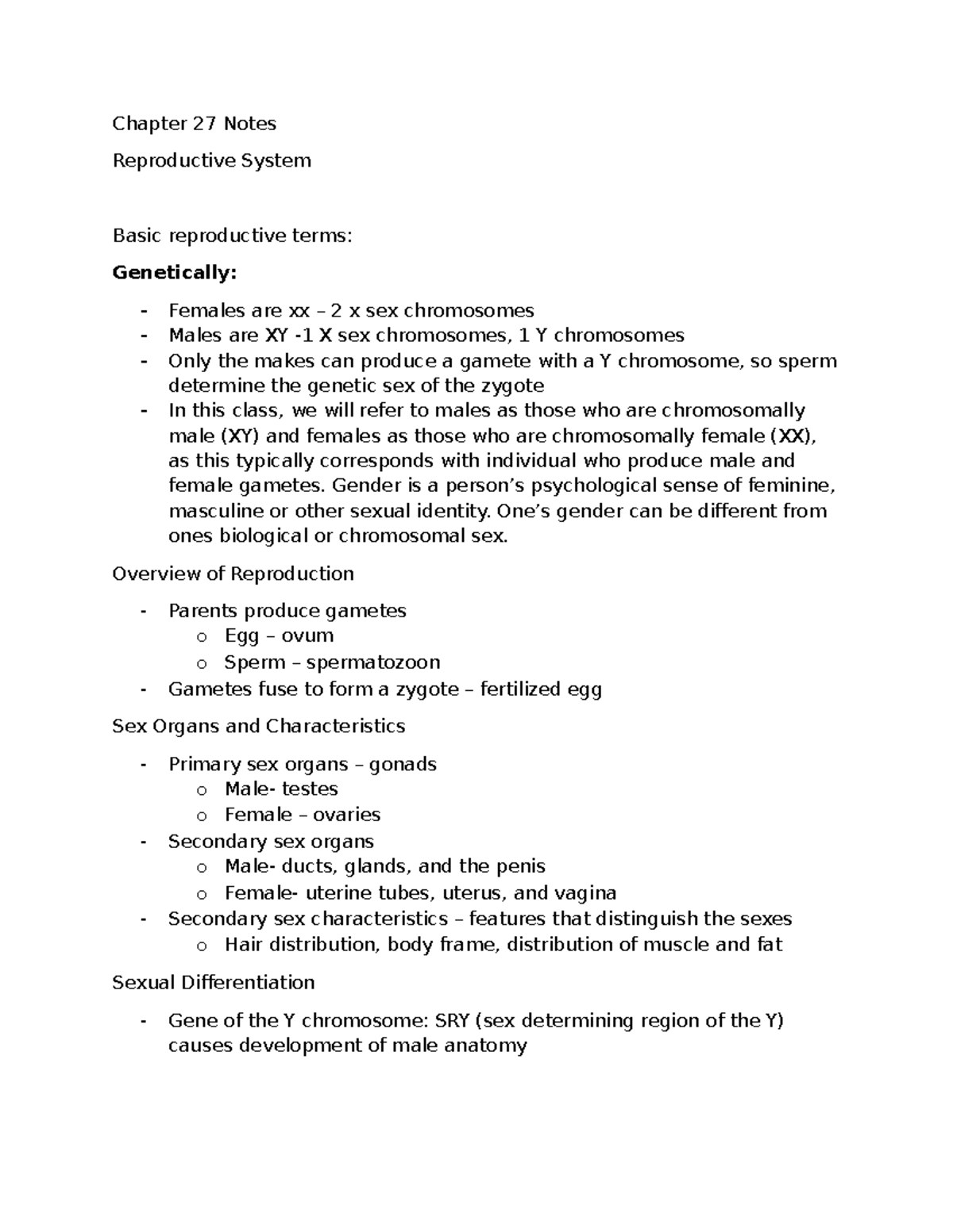 Reproductive System Notes (BIO 101) - Chapter 27 Overview - Studocu