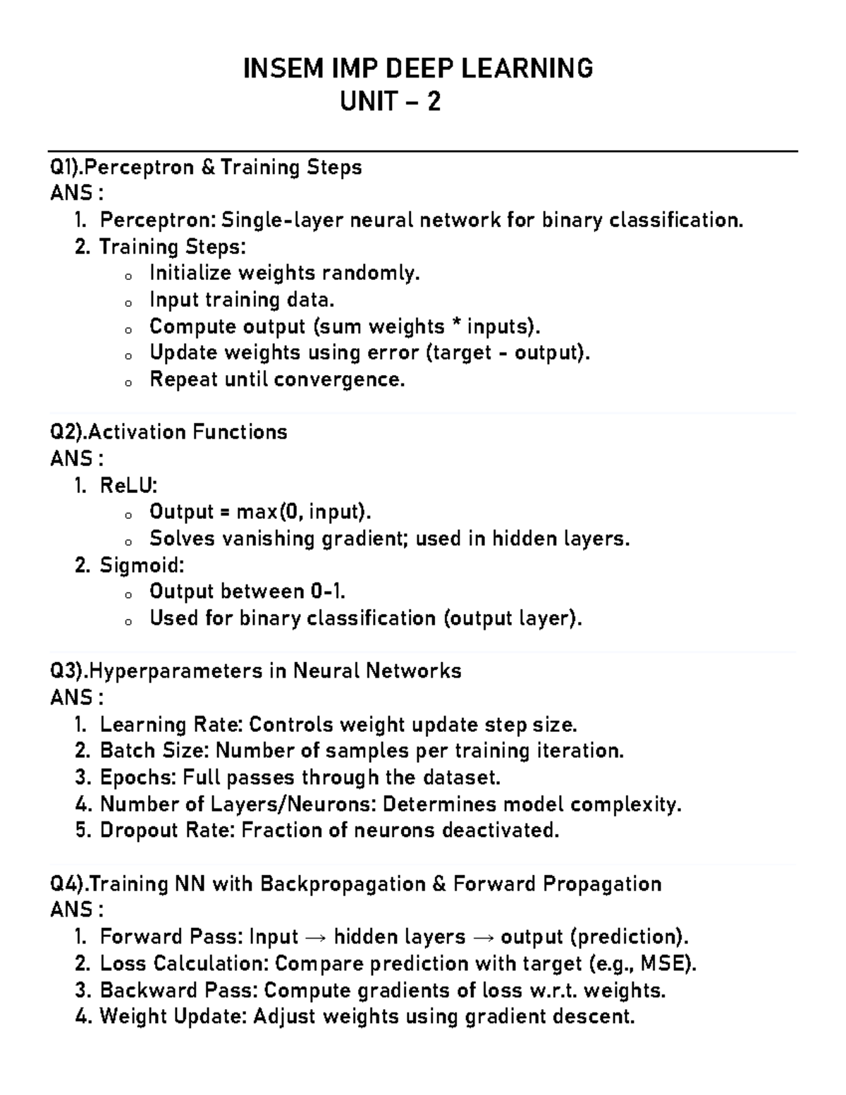 Insem IMP DEEP Learning UNIT 2 - INSEM IMP DEEP LEARNING UNIT – 2 Q1 ...